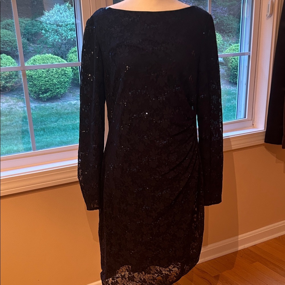 Chaps Black Long Sleeve Lace Dress
